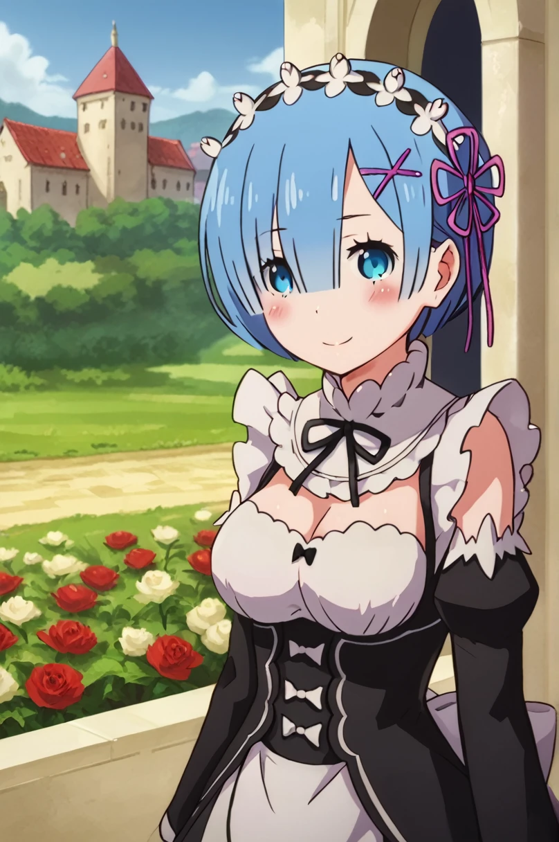 1girl,solo,rem (re:zero),blue hair,x hair ornament,short hair,hair ornament,blue eyes,maid,looking at viewer,ribbon,maid headdress,long sleeves,dress,roswaal mansion maid uniform,smile,hair ribbon,breasts,puffy sleeves,frills,apron,bangs,closed mouth,black ribbon,pink ribbon,blush,medium breasts,black dress,juliet sleeves,cowboy shot,flower,hair between eyes,red ribbon,waist apron,traditional media,