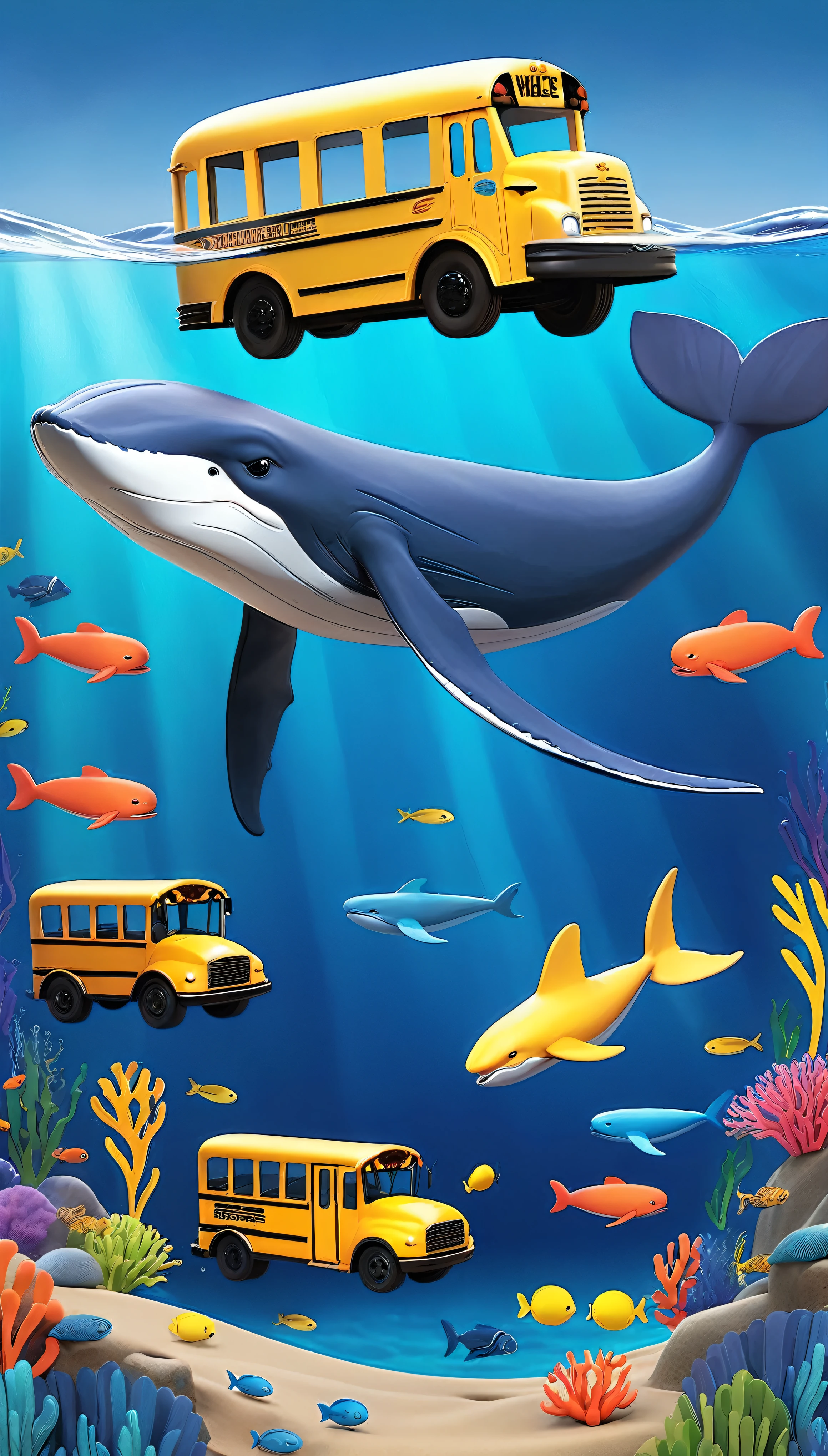 Create a 3-D style art scene for kids featuring a blue whale swimming beside three school buses for size comparison. The scene should be colorful and vibrant, with an ocean background, coral reefs, and schools of fish. The overall mood should be engaging and inviting for young children