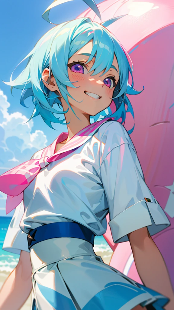 ****************、Anime style painting、Light blue hair、Pink Eyes、Small breasts、white blouse shirt、Checked mini skirt、Upper body close-up、Sandy beach background、Blue sky and white clouds、Grin、From the side、Sharp contours