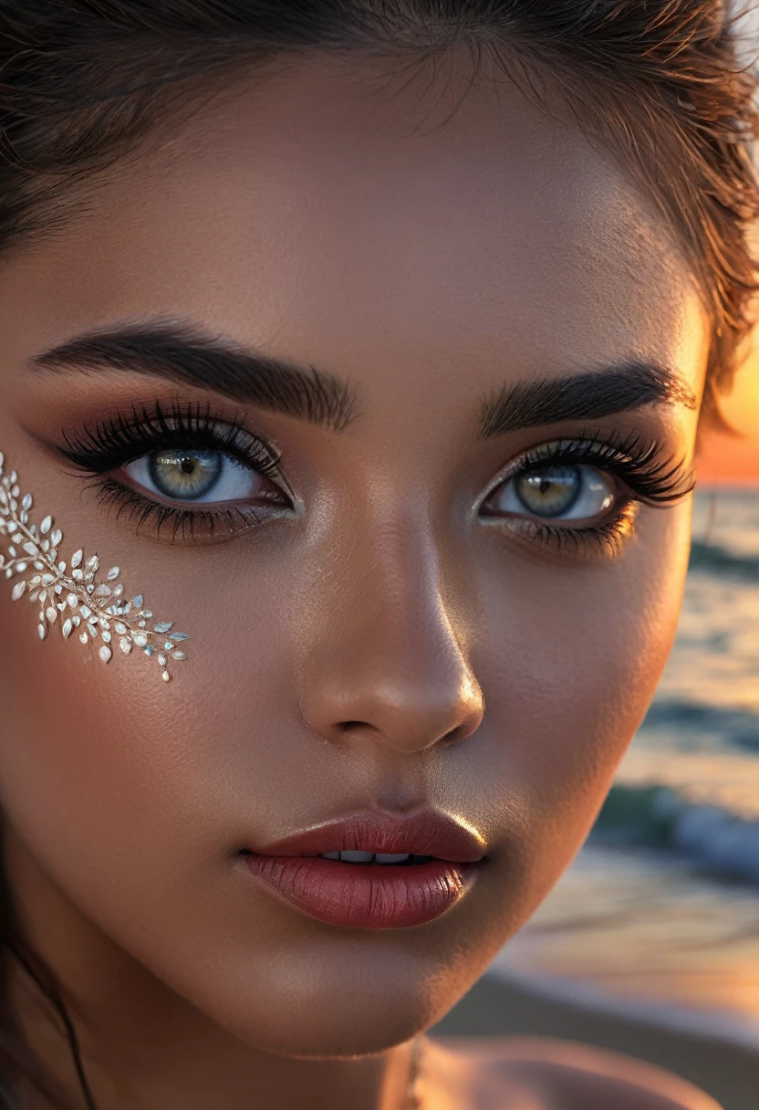 Extremely detailed eyes, extremely detailed lips, extremely detailed white eyes and face, long eyelashes, extremely detailed face, 1 girl, fit girl, beautiful caribbean girl, extremely grey eyes, shooting, beach, sunset, digital painting, cinematic lighting, dramatic lighting, highly detailed, intricate details, photorealistic, 8k, hyperrealistic, concept art, chiaroscuro, dramatic contrast, beautiful color palette