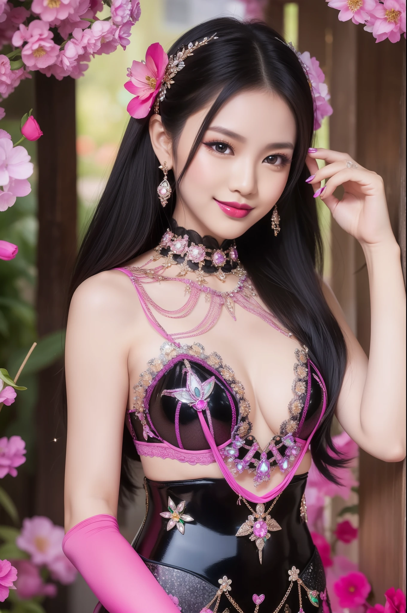 sexy Thai model who controls poison、beautiful smile、lipgloss、bold lipstick、intense makeup、look at the camera、full body Esbian、、sparkling poisoned flower costume、、、、sparkling Colorful hair、secrete poison、skull hair accessories、sexy tights、shiny sparkling flowers background