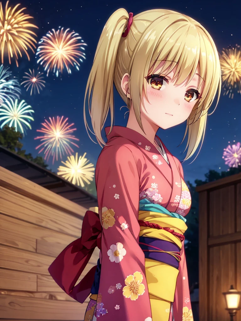 Kyoko , kimono night in firework , blonde hair, pigtailed haired,  , yellowisheyes