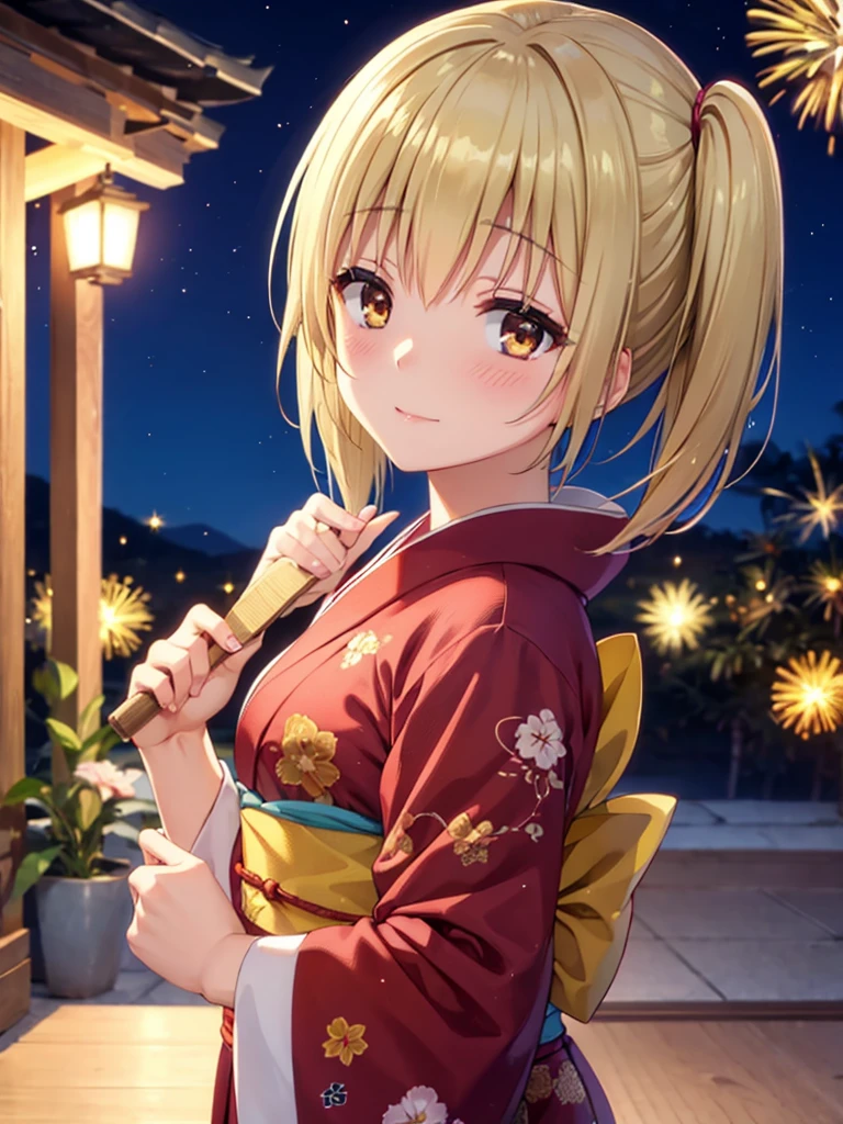 Kyoko , kimono night in firework , blonde hair, pigtailed haired,  , yellowisheyes