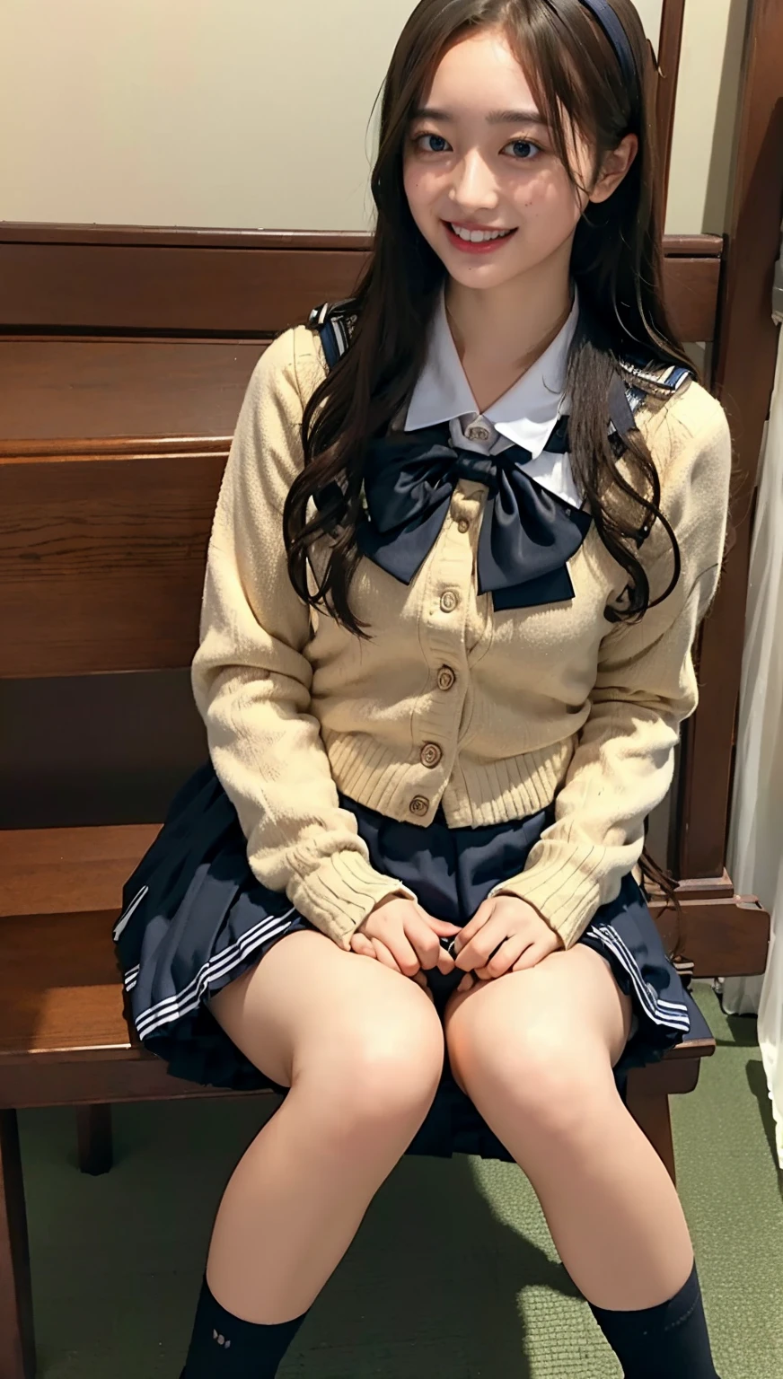 ((highest quality、8k、masterpiece:1.3)),((((fullbody shot)))),Ultra-high resolution,big eyes,Japanese,bangs,(a girl),(1 girl),((20 years old)),((facing at viewer)),(long hair),(((black sailor uniform))),grin,((sitting on chair)),(pleated mini skirt),(((pussy))),((skirt lift))