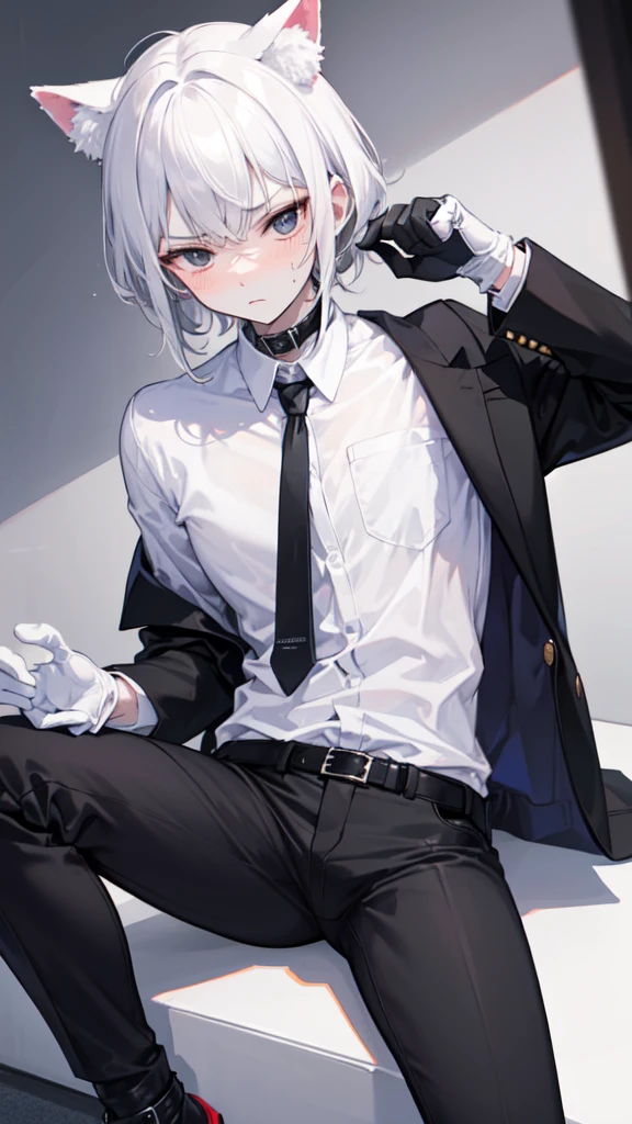 A 18-year-old boy, white and tender skin, cute, wearing white long-sleeved shirt, black jacket and black work tie, black trousers, black booties, white gloves, collar, white hair,wear cat ears, black eyes, thin waist, thin legs, handsome, disdainful and indifferent expression, shy, blush a lot, afraid, sweating, tired, pornography, Pornographic action