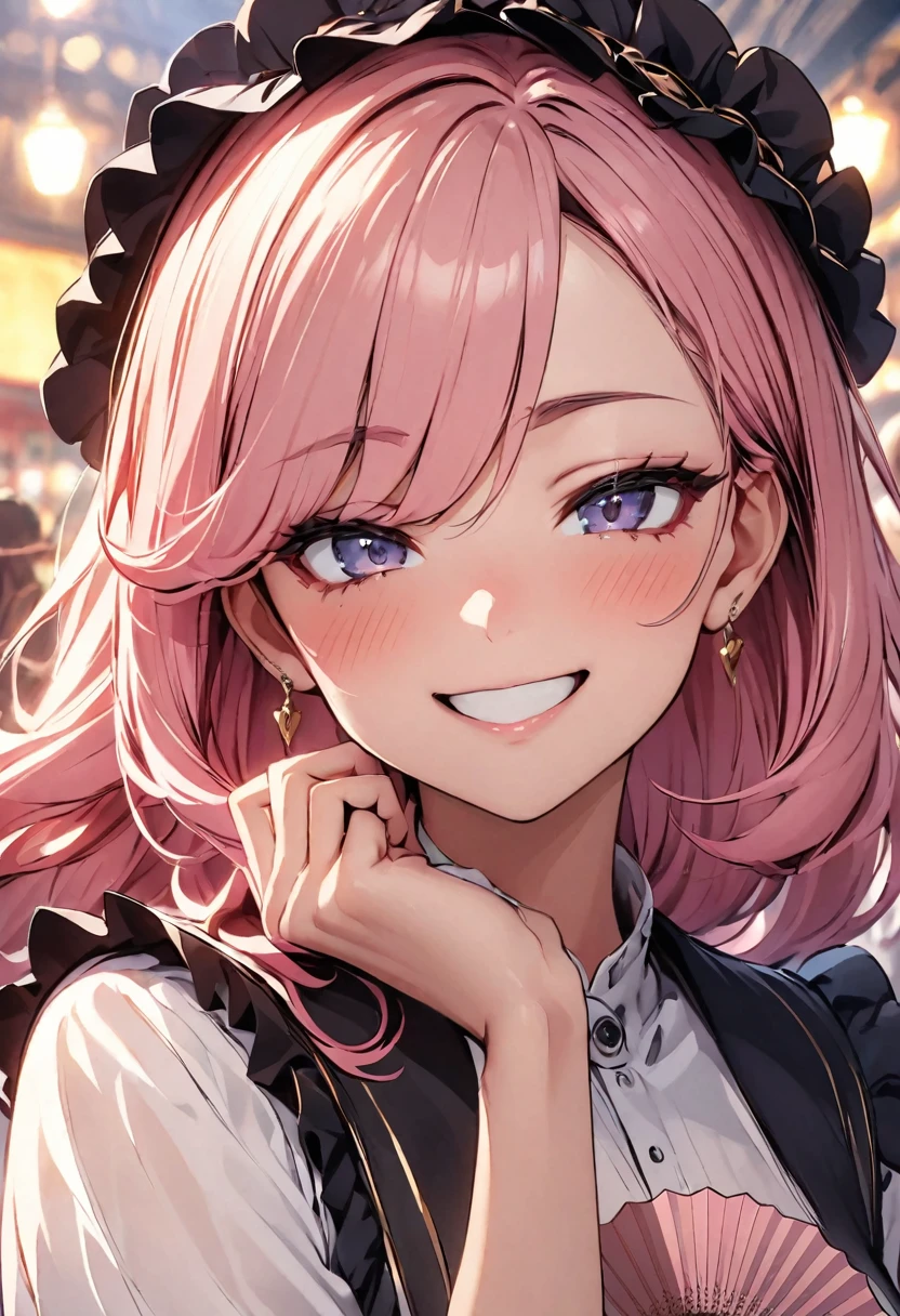 arrogant、Pink Hair Woman、Holding a fan、smiling、Frilled Fan、Dress up、hair ornaments、Ahohohoho、Bullying face、Close-up of face、Hide your mouth with a fan、1People Women