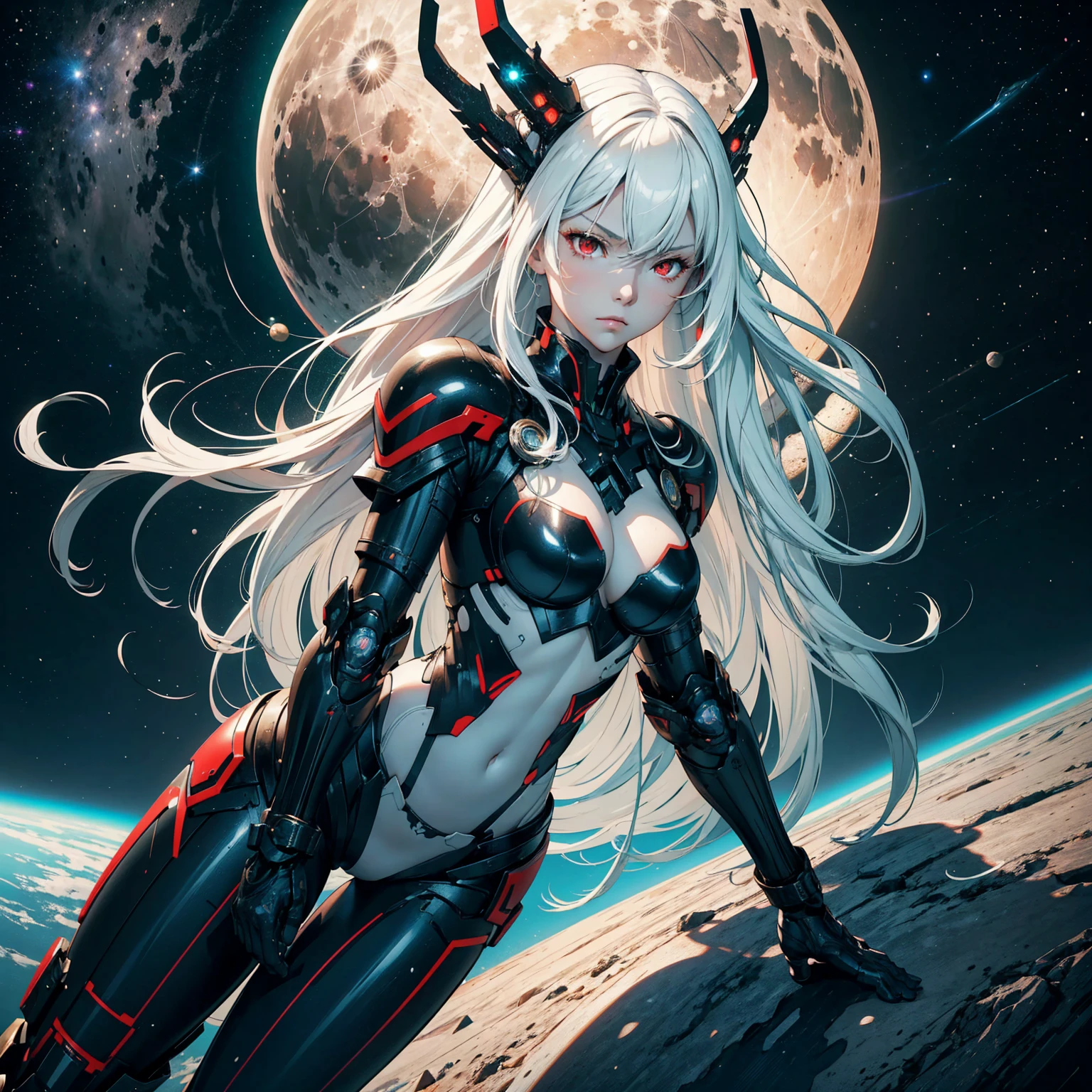 1girl!!!, very long hair with bangs, light white hair, big breasts, small size, red eyes, very fair skin, serious face, tight combat armor, full body, night, moon, space, very sexy body, detailed face, highly detailed, 8k, best quality, masterpiece, vibrant colors, digital art, concept art