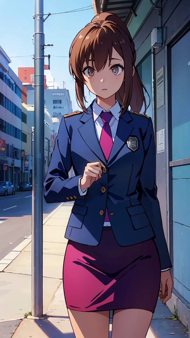 an1, brown eyes, ponytail, 
BREAK (police uniform, jacket, pencil skirt, blue necktie:1.2),
BREAK street, standing,
BREAK (masterpiece:1.2), best quality, high resolution, unity 8k wallpaper, (illustration:0.8), (beautiful detailed eyes:1.6), extremely detailed face, perfect lighting, extremely detailed CG, (perfect hands, perfect anatomy),