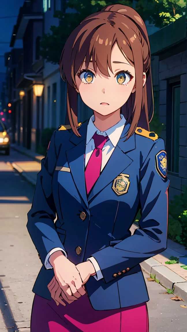 an1, brown eyes, ponytail, 
BREAK (police uniform, jacket, pencil skirt, blue necktie:1.2),
BREAK street, standing,
BREAK (masterpiece:1.2), best quality, high resolution, unity 8k wallpaper, (illustration:0.8), (beautiful detailed eyes:1.6), extremely detailed face, perfect lighting, extremely detailed CG, (perfect hands, perfect anatomy),