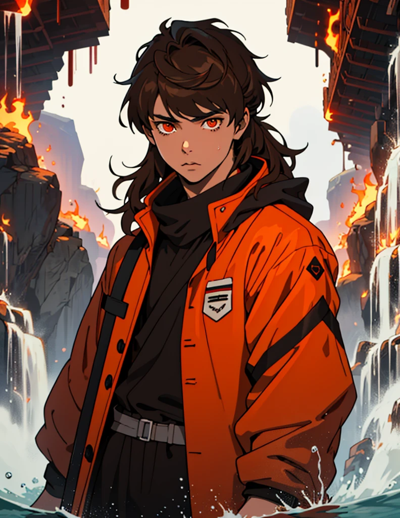 Masterpiece, Best quality, high quality, 1 man, 20 years old, One, athletic body and white skin, male focus, Looking at the viewer, upper body, long brown hair (tied hair) and long bangs, orange eyes, black closed coat with blood drops, fire and water mania around it