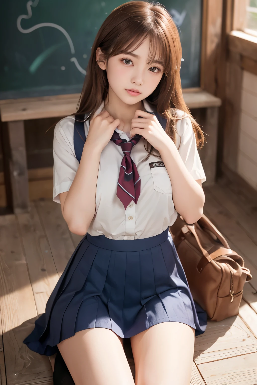 ultra-detailed,highly detailed,best quality,masterpiece,illustration,realistic,
eva school unifrom, 1girl, solo, tokyo-3 middle school uniform,
shirt, short sleeves, suspender skirt, neck ribbon,loafers,
thighhighs,
very long hair, parted bangs,
holding skirt,
indoors, classroom,
<lora:eva school unifrom_v1_01:0.7>