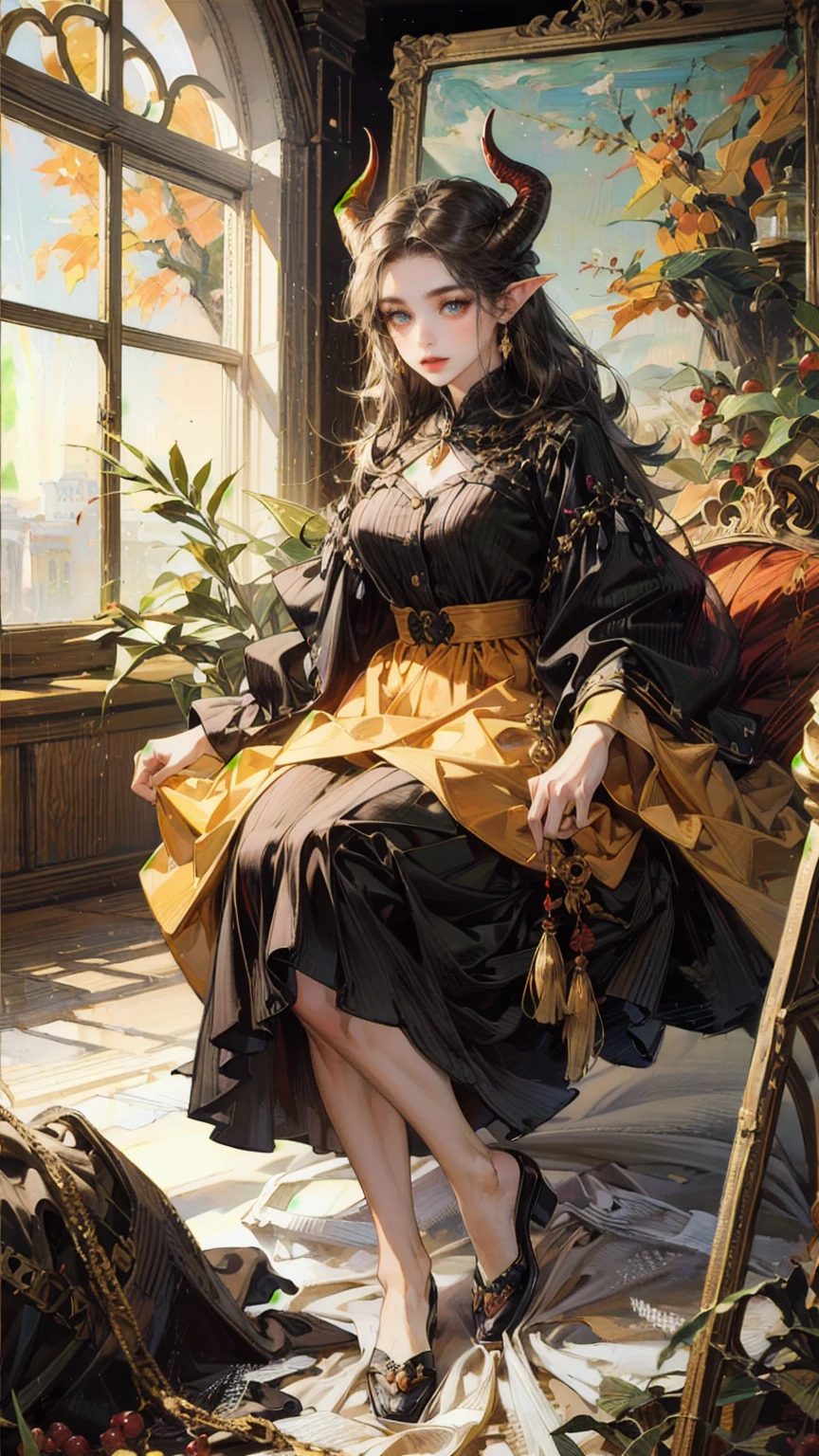 (horns on head),horns,full body,full shot,1 girl solo,golden eyes,black hair,long hair,elf ears,(((Fechin Oil Painting - Fechin Oil Painting , oil painted))) ((best quality)), ((masterpiece)), (detailed),big , autumn ,leaves scatter, snow falling down ,vivid colors ,vibrant colors, forest, sky clouds,(red berries)red berries on a bush,(autumn)