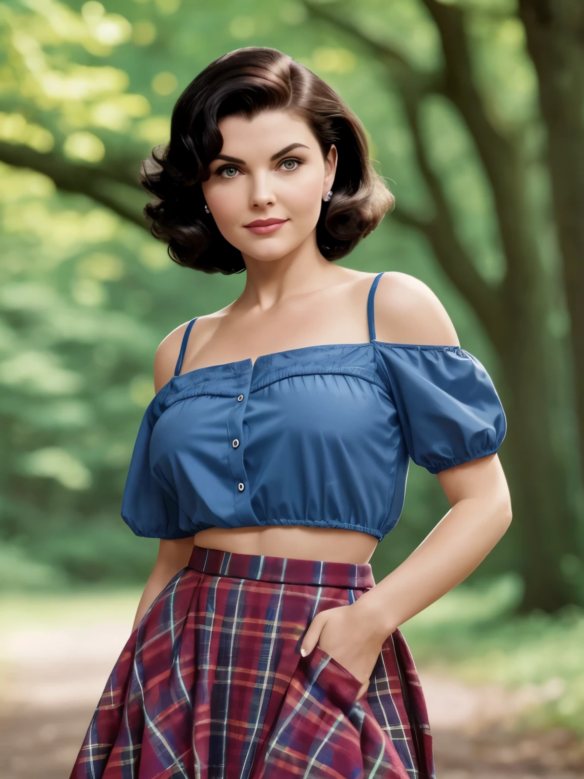 Audrey Horne (Sherilyn Fenn) from the 1990 Twin Peaks series, resemblance to the actress as in the show, thick and bouffant hair, blue plaid shirt, blue eye, Mole near the eye, 90's, MOLE under eye, light smile, closed mouth, brown hair, short hair, hair one side up, big hair, expressive hair, bob cut, hair spread out, floating hair, bokeh, UHD, best quality