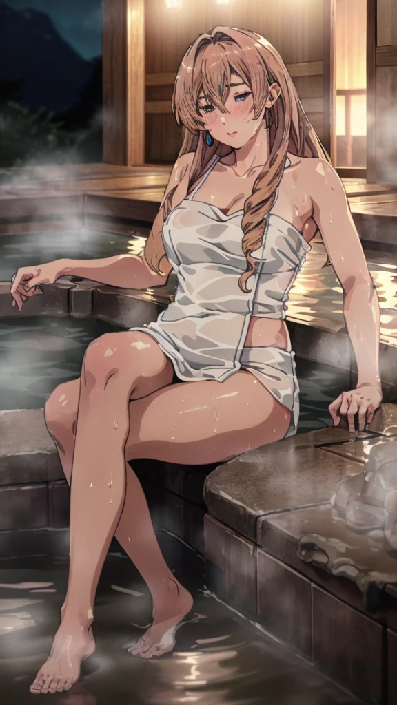 (((Ultra-high resolution))), masterpiece, Highest quality, 8K, accurate description, Carefully drawn, Attention to detail, ((Japanese open-air hot spring at night, Large ancient hot spring pool, Soak in a hot spring, vapor)), girl, White skin, Perfect Face, (light brown, Technical perms and dyeing, Wet, Extra long curly hair), ((Cute appearance)), Detailed depiction of facial features, Shining blue eyes, Long eyelashes, double eyelid, 有Sweat, Pink moisturized glossy lips, Shiny Earrings, Close your eyes and enjoy, blush, ((Mature Natural Body)), Beautiful body, Perfect body structure, Small breasts, Side milk, ((bath towel)), Alluring cleavage, Sweat, (Tired and resting), (Perfectly detailed hand-drawn rendering), (Slim and smooth legs), Perfect legs, soft side lighting, Cinematic atmosphere, Perfect composition, ((Full body image)), Rich environmental details, Dimly lit environment, 