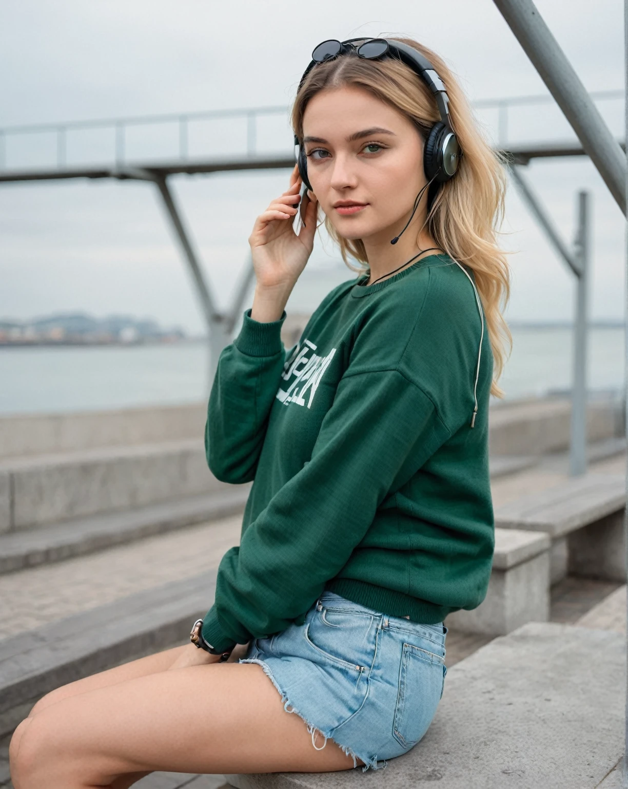 blonde woman sitting on a bench with headphones in her ears, wearing a green sweater, green clothes, pose casual, casual green clothes, medium shot portrait, green clothes, Casual clothes, dark green, She wears street clothes, Casually dressed, Casual clothes, Aleksandra Waliszewska, Pretty girl, ( ( dark green, high waistband, Side perspective