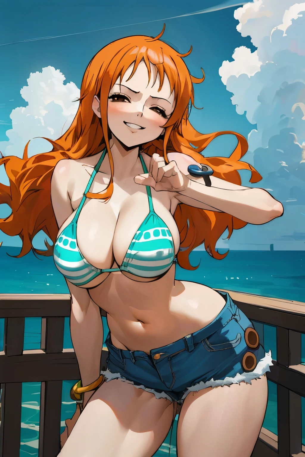 masterpiece, best quality, ultra-detailed, 1girl (namiop, Big and pretty breasts, orange hair, long hair, brown eyes, half-closed eyes), evil face, smirk, parted lips, looking at viewer, solo, bikini top, denim shorts, wanostyle, sea, ship, standing, Sexy waist teasing , a provocative pose