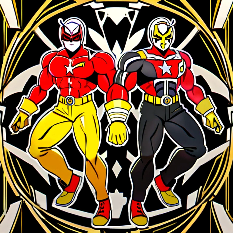 El Chapulin Colorado, red superhero costume, yellow shorts, yellow gloves, Yellow sneakers, yellow line design on suit, Kamen Rider type mask, red antennae on mask, Delgado, muscular,