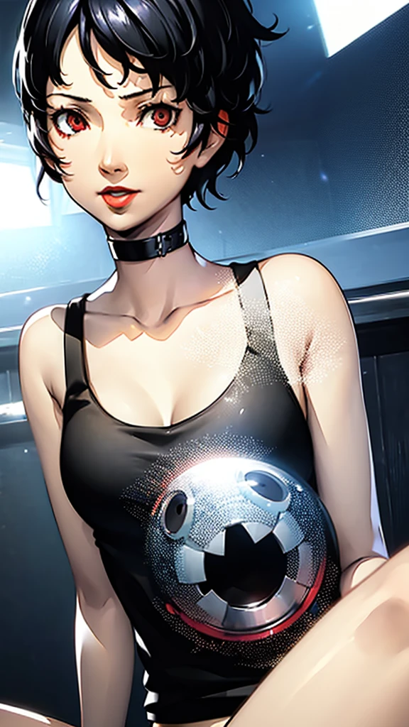 1 girl, very Short hair, tomboy Pixie haircut, black hair, red eyes, lipstick, black choker, face portrait, tank top, shigenori soejima style, perfect art