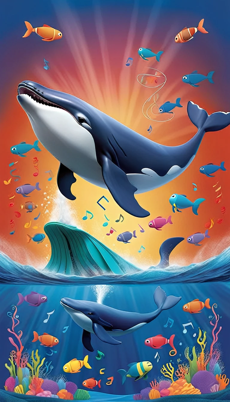 Create a 3-D Pixar style art scene for kids featuring a humpback whale singing with musical notes coming out of its blowhole. The scene should be colorful and vibrant, with an ocean background, coral reefs, and schools of fish. The text 'Whale songs can travel for miles!' should be prominently displayed. The overall mood should be lively and inviting for young children