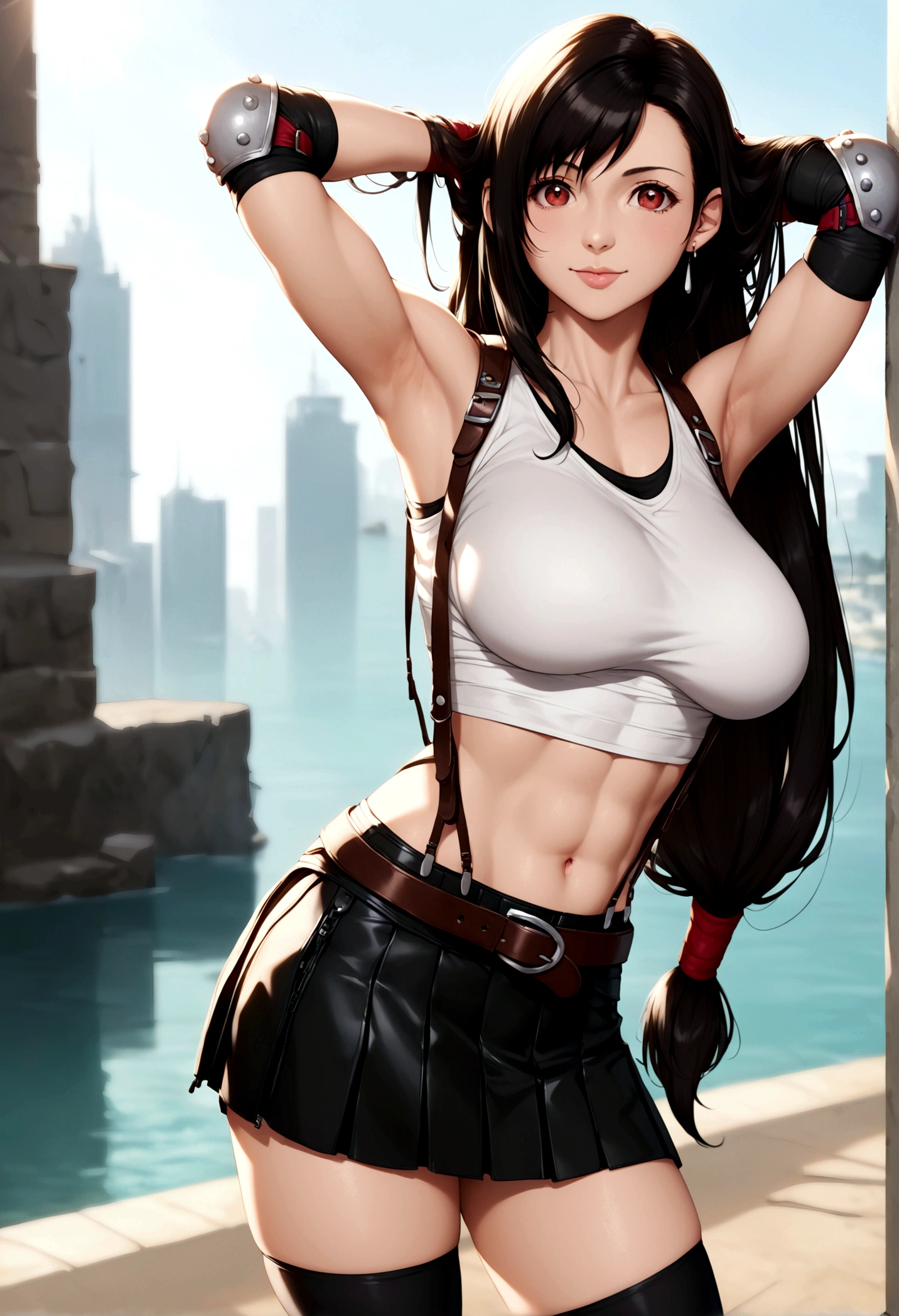 score_9, score_8_up, score_7_up, score_6_up, score_5_up,,rating_safe. BREAK , (from front.from side,front view,feet focus,standing,straight-on,,(upperbody),looking_at_viewer ,1girl, tifa lockhart, final fantasy, tareme,black hair, low-tied long hair, red eyes, bangs, (white tank top, belt, pleated skirt, thighhighs, elbow fingerless gloves, elbow pads, midriff, navel,suspender skirt) ,large_breasts,(light smile),,,Solo,,(daytime and beachside and city),detailed skin,(best quality),(aesthetic,very aesthetic),,photorealistic:0.6,highly detailed,,depth of field,,professional lighting,cinematic lighting, dancing breast,arms up,arms behind head,armsinhair, 　　