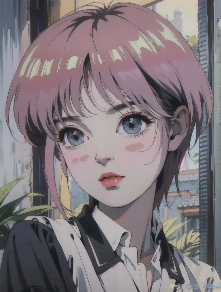 detailed shiny skin, (realistic, photo-realistic:1.4), a pretty girl, standing, looking out of window, white shirt, collared shirt, black blazer, green pleated skirt, short sleeves, slight smile (nose blush), blue eyes, short hair + pink hair + one longbstrand, ichika \(the quintessential quintuplets\)