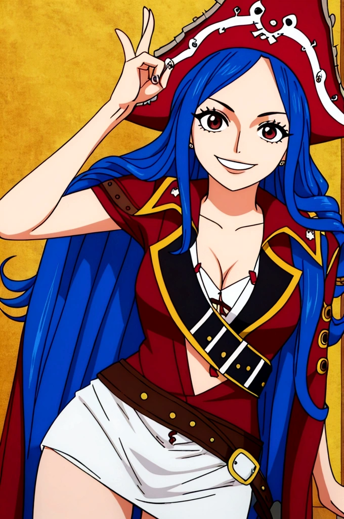 young woman, blue long hair, brown eyes, wearing pirate clothes, smiling