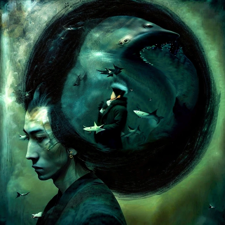 A young Asian man with black hair buzz cut short, dressed in a green fur coat and a simple white shirt. He wears a small earring on his left ear. The man's face is partially covered by a crown of light blue sharks and various sizes, arranged in a circle around his head. The background of the image is simple and clear, an infinite white background, highlighting the man and the sharks. Man's expression is neutral and contemplative. The image should convey a sense of introspection and surrealism.