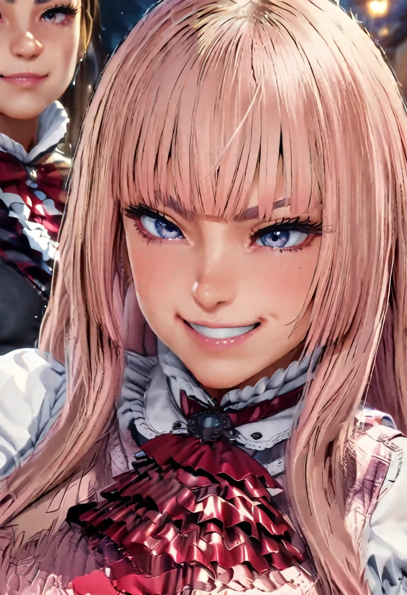 arrogant、Pink Hair Woman、Holding a fan、smiling、Frilled Fan、Dress up、hair ornaments、Ahohohoho、Bullying face、Close-up of face、Hide your mouth with a fan、1People Women
