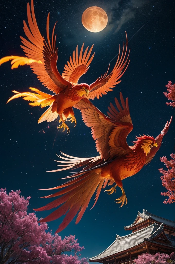 A magnificent phoenix in flight , with its feathers on fire with the coloring of bright feathers in shades of red, laranja e dourado, flying over an ancient Japanese temple located on a mountain. Ao fundo, the night sky lit by a red full moon and surrounded by trees with dark blue and purple flowers, whose petals float gently in the air