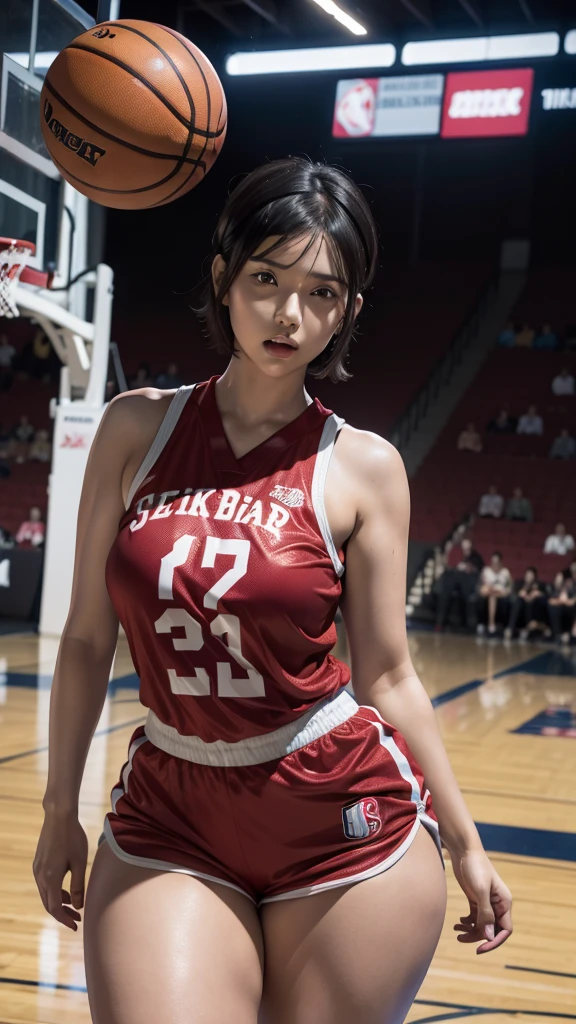 Sarada, short hair, hairband, black eyes, beautiful, gorgeous woman, perfect body, scoreland, perfect breasts, (((thick thighs))), wearing a basketball jersey, on the basketball court, holding a basketball