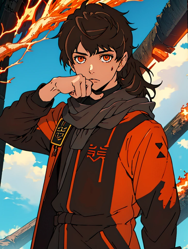 Masterpiece, Best quality, high quality, 1 man, 20 years old, One, athletic body and white skin, male focus, Looking at the viewer, upper body, long brown hair (tied hair) and long bangs, orange eyes, black closed coat with blood drops, fire and water mania around it