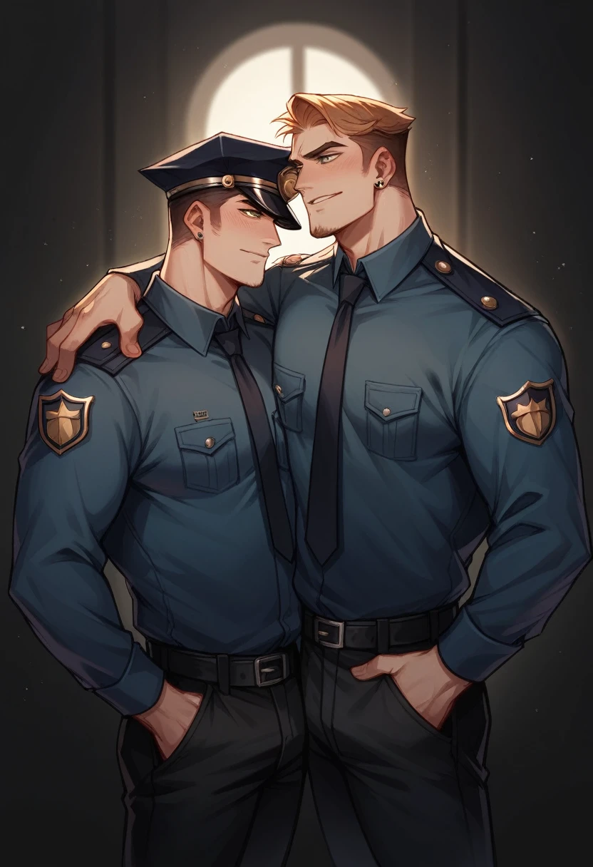 best quality, masterpiece, extremely detailed, yaoi, 2 boys, very muscular bodybuilder male police officer, another muscular male police officer fucks his thighs from behind, looking directly at each other, dripping precum, cumshot, cum, excessively spraying cum, sexy, gay homoerotic, ambient lighting, extremely dramatic shadows, romantic atmosphere, perfection, no watermark, no logo, no signature