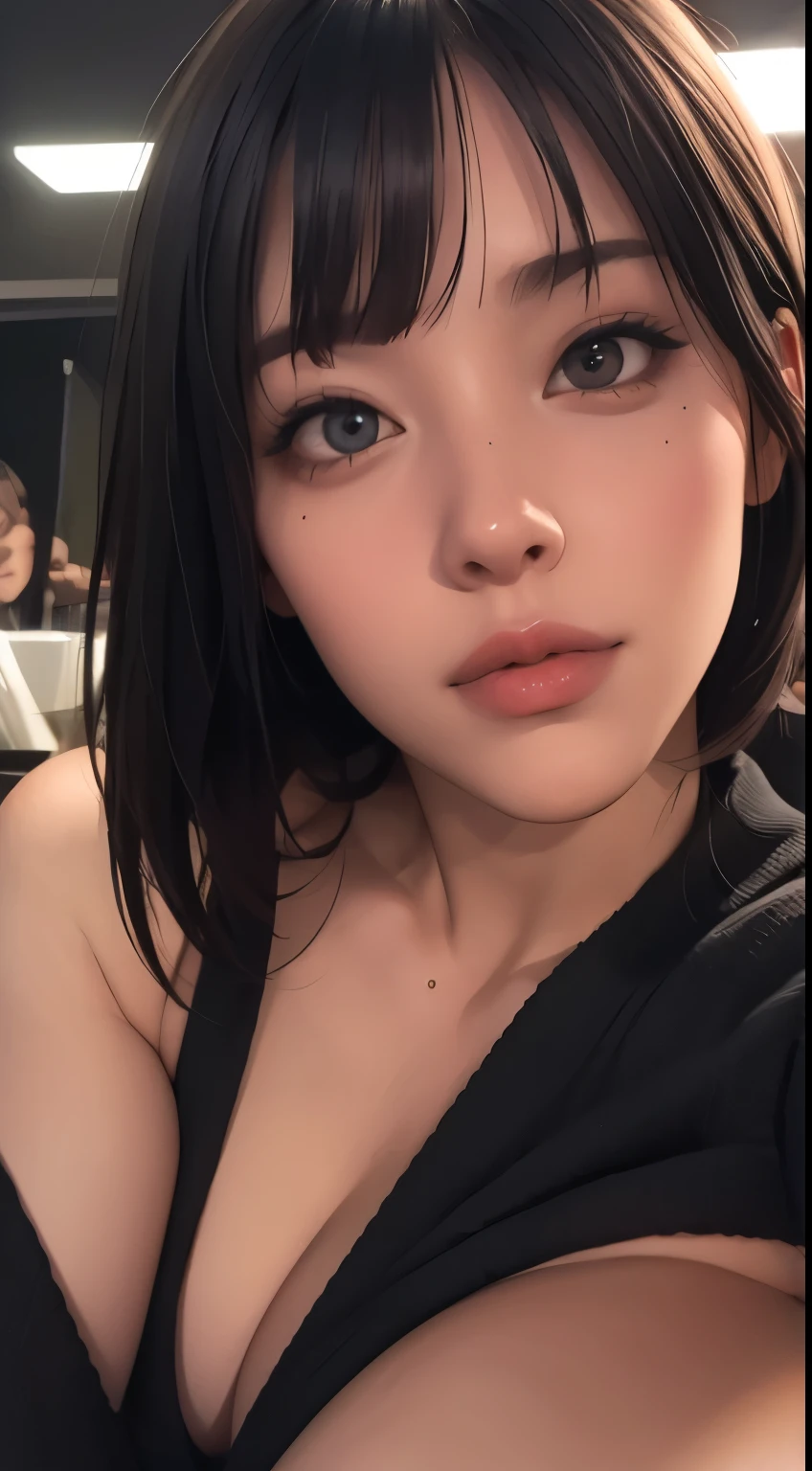 masterpiece, best quality, ultra-detailed, facing the camera head on, intricately detailed hyperdetailed, realistic, sharp features, highly detailed, sharp focus, perfect face, perfect face, perfect symmetrically perfect eyes, perfect full lips, flexible female form, cinematic, film light, hyper detailed, hyper realistic, dynamic studio lighting, nsfw, ((Dark background)), Sexy face, Facial expressions when receiving pleasure, straight Bangs, Big breasts, Exposed cleavage, black sweater,