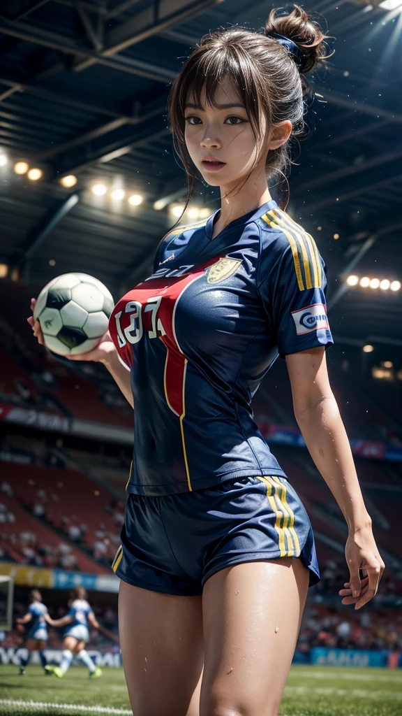 Highest quality, High resolution:1.2, Very detailed, Realistic:1.3, ((Beautiful woman))、((Super tight uniform))、((Big Breasts))、(((Soccer uniforms)))、Vibrant colors, play soccer,(Blunt bangs)、((Various Hair Styles))、Different hair colors、With bangs、Wet Hair, concentrate, splash, Action Shots, Grass blotches, Muddy ground, Wet turf, decide, Fast-paced games, Athletic physique, Shiny soccer ball, Wet Uniform, raindrop, Blurred motion, ボールにconcentrateする, Intense competition, Skillful dribbling, Energetic play, Teamwork, powerful shoots, Wet pitch, Passionate sports, Fierce decide, Humid atmosphere, Fluid movement, emotional expression、Dramatic lighting, Women's Sports, Avid athletes, Exciting Games, Endure, Excited state, Speed and agility, Energetic play, 濡れたsplash、smile、((Red Uniform))