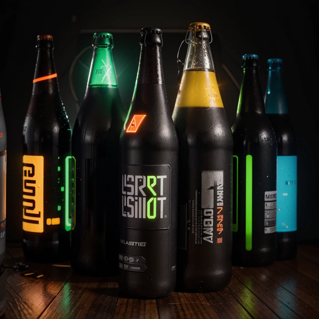 "prompt": "A bottle of cyber beer with the logo of the game 'The Last of Us'. The bottle should have a futuristic, cyberpunk design with bright neon accents. The 'The Last of Us' logo should be clearly visible on the label. ",One bottle in the picture.A bottle of cyber beer presented in cyberpunk style, with characteristic elements: smooth, matte coating, decorated with bright neon luminous inserts. Design includes digital pixel patterns and abstract graphic elements, creating the effect of digital disruption and the future of the technological world. The main color of the bottle is deep purple, red, orange or green. This combination gives the product a unique cyberpunk style and modern look..
Bottle with holographic labels, depicting robotic fruits reflecting the taste of the future.