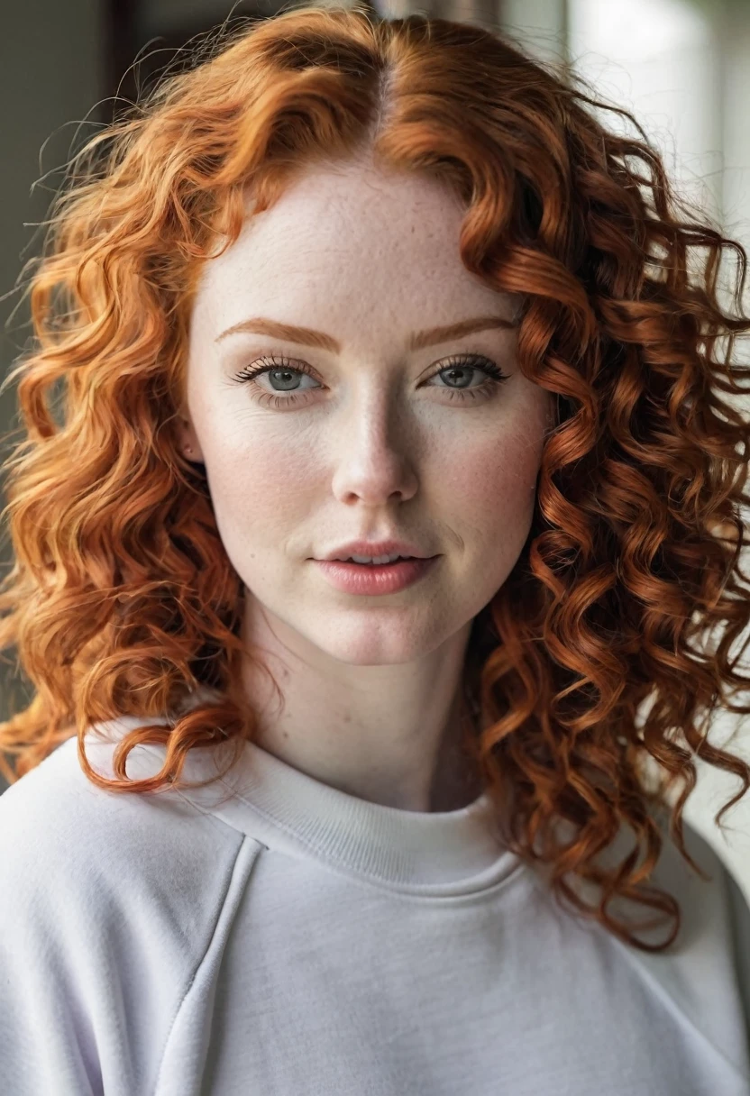 woman, redhead hair, curly hair, with sweatshirt. pale skin, white skin, pawg