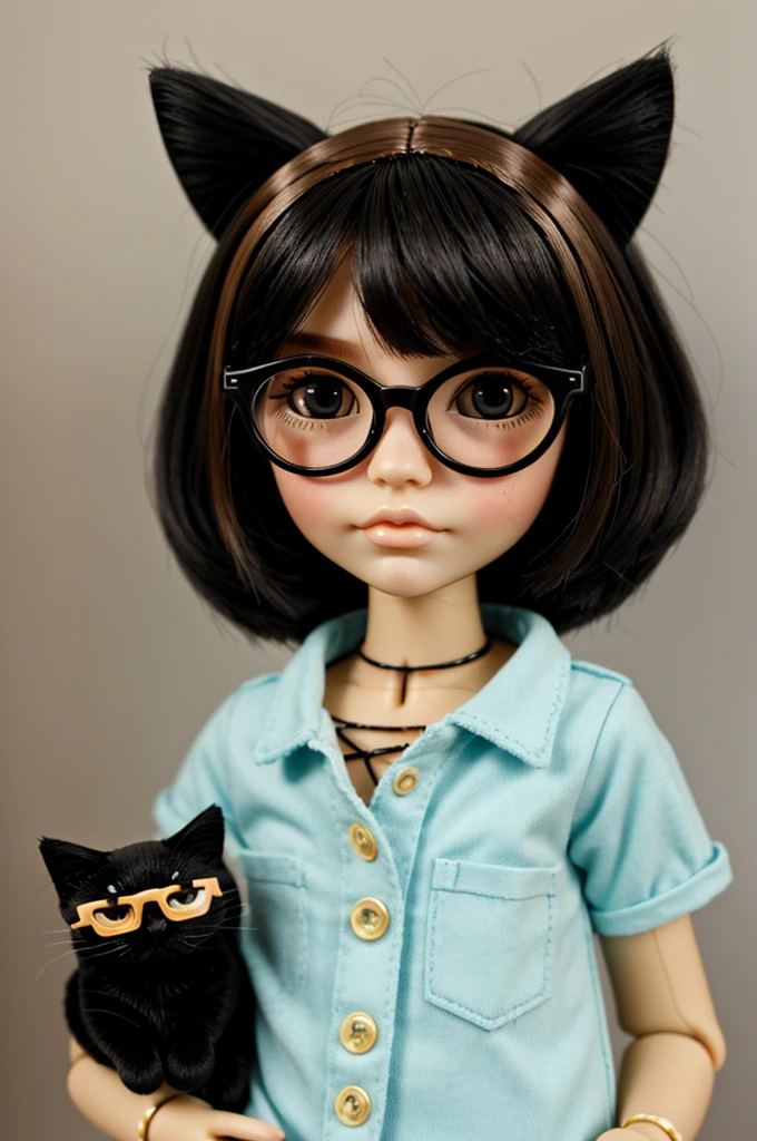 Blythe doll with black hair cat glasses light skin freckles and brown eyes 