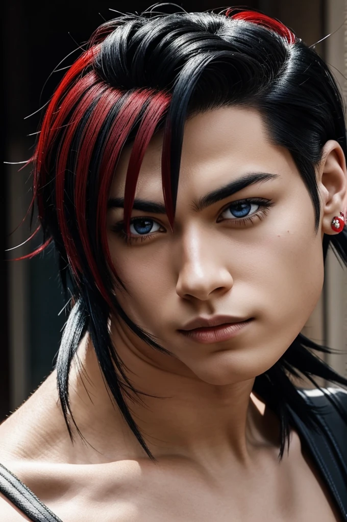 male gender, black hair with red, con pircing, my hero academia