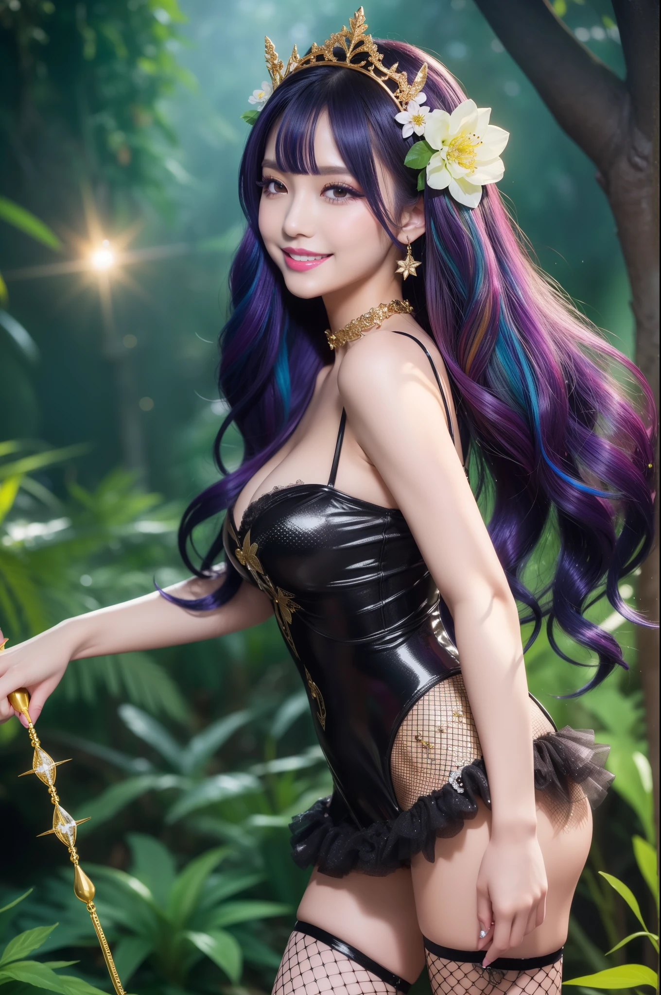 sexy golden princess who controls poison、beautiful smile、lipgloss、long lashes、smokey eye-makeup、look at the camera、full body Esbian、、sparkling poisoned flower costume、、、、shiny sparkling multicolor hair、secrete poison、skull hair accessories、fishnet tights、shiny sparkling dark magic forest background