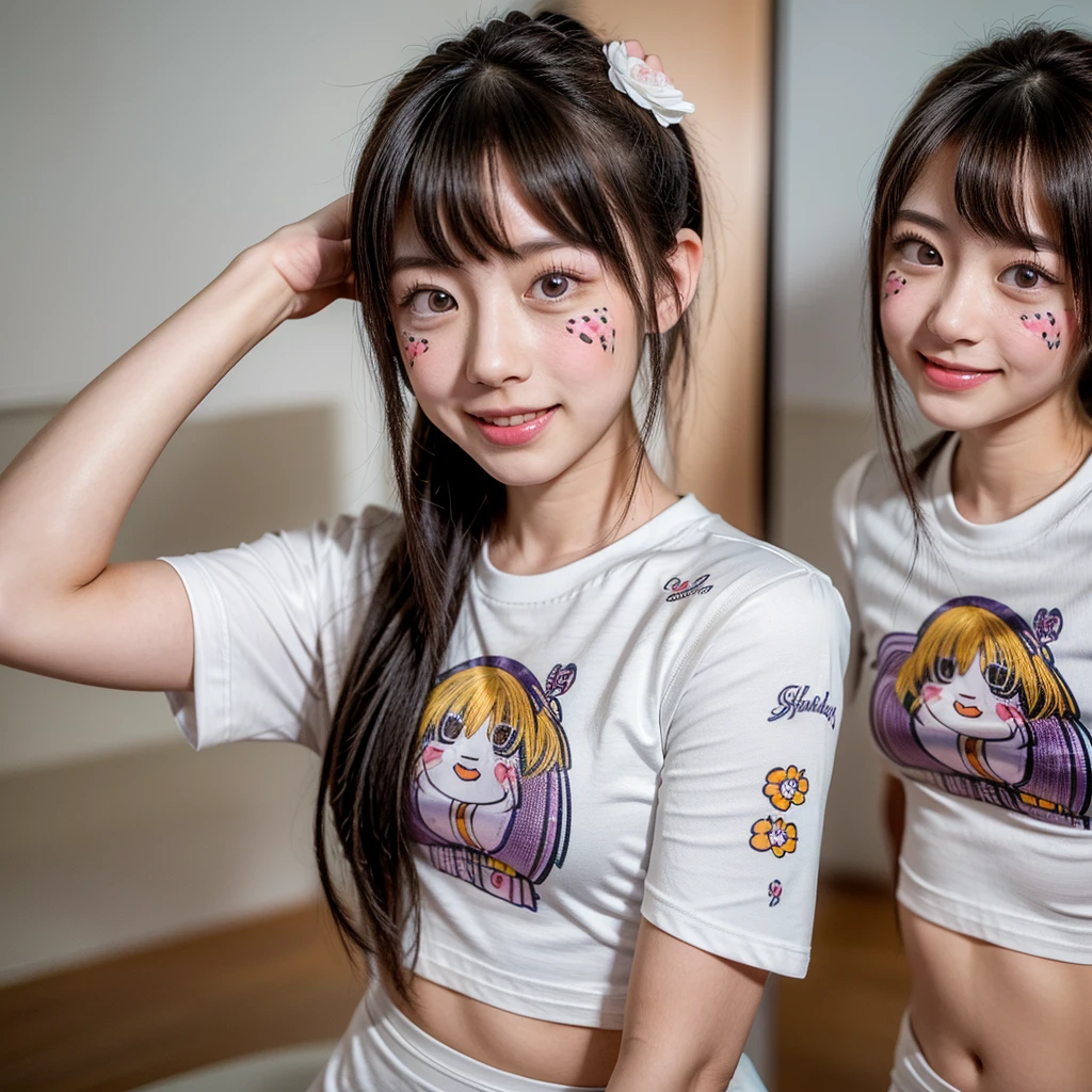 White and Bright Red, (Masterpiece 8K TopQuality:1.2) (ProfessionalPhoto:1.37) ExtremelyDetailed (((a KAWAII girl's Face Printed on T-shirt:1.4))) oversized t-shirt  BREAK  (((NOGIZAKA FaceVariations))), Extremely Detailed very KAWAII FaceVariations, Childish CaptivatingGaze Stunning ParfectEyes ElaboratePupils with (SparklingHighlights:1.28), DoubleEyelids with (Detailed Voluminous LongEyelashes:0.88), Small GlossyRedLips with BeautifulDetails, CoquettishTongue, PUNIPUNI RosyCheeks, Radiant PearlSkin with Transparency, Glowing DowneyHair . { (Dynamic Joyful expressions LifeLike Rendering:1.4) | (:d) }, (large eyes:-1) . 