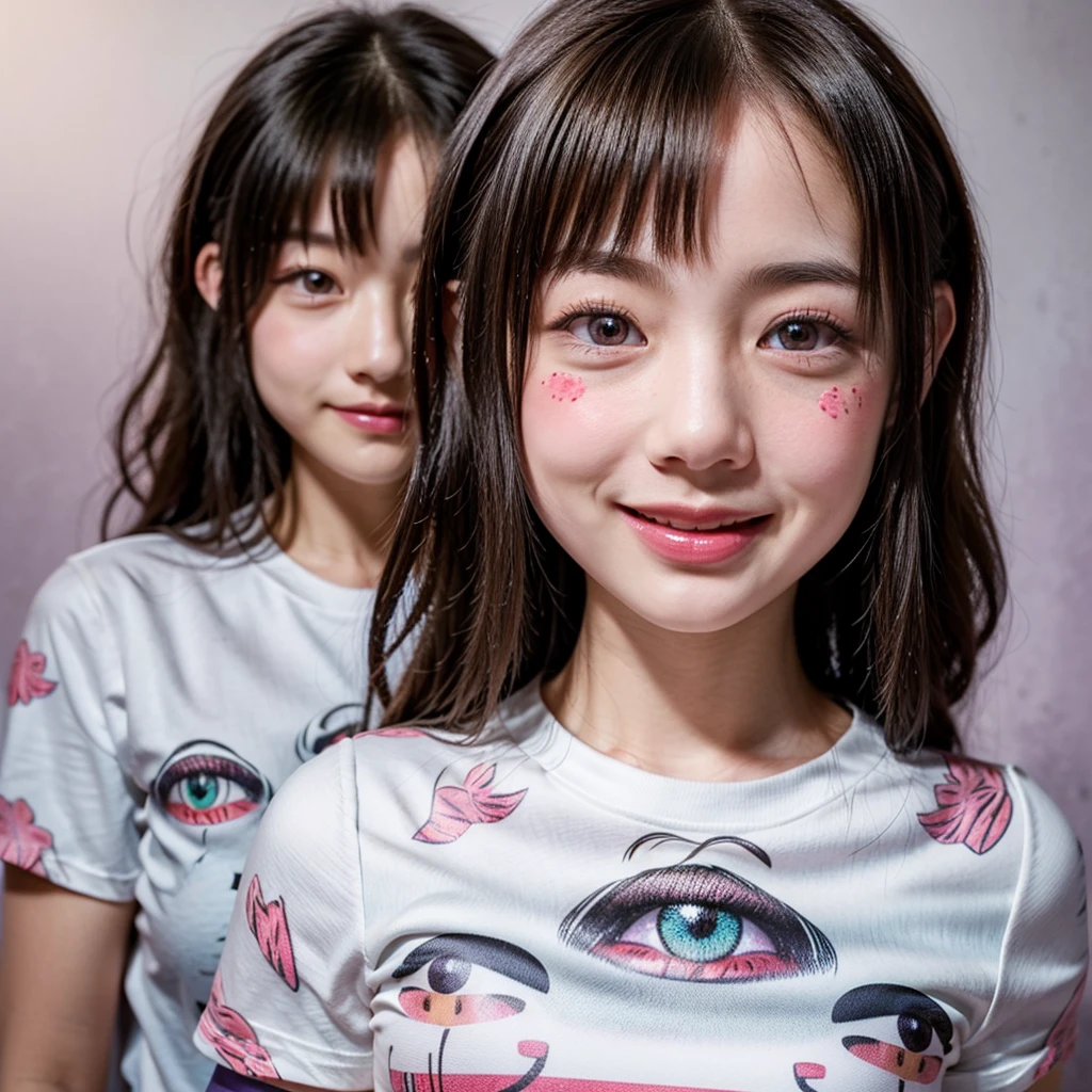 White and Bright Red, (Masterpiece 8K TopQuality:1.2) (ProfessionalPhoto:1.37) ExtremelyDetailed (((a KAWAII girl's Face Printed on T-shirt:1.4))) oversized t-shirt BREAK (((NOGIZAKA FaceVariations))), Extremely Detailed very KAWAII FaceVariations, Childish CaptivatingGaze Stunning ParfectEyes ElaboratePupils with (SparklingHighlights:1.28), DoubleEyelids with (Detailed Voluminous LongEyelashes:0.88), Small GlossyRedLips with BeautifulDetails, CoquettishTongue, PUNIPUNI RosyCheeks, Radiant PearlSkin with Transparency, Glowing DowneyHair . { (Dynamic Joyful expressions LifeLike Rendering:1.4) | (:d) }, (large eyes:-1) .