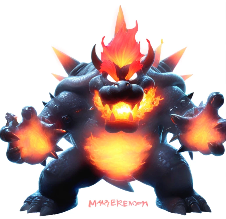 a close up of a cartoon character with a fire face, fire breathing. bowser, bowser, bowser nintendo, roshan, blazing infero, balrog, lava!!!, made of lava, glowing lava!!!, ruler of inferno, mario, final boss, koopa, menacing!!!, cacodemon, official artwork, intense smoldering, fire type