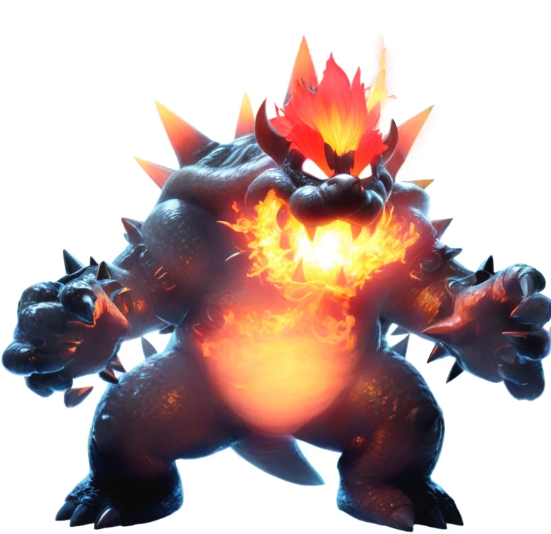 a close up of a cartoon character with a fire face, fire breathing. bowser, bowser, bowser nintendo, roshan, blazing infero, balrog, lava!!!, made of lava, glowing lava!!!, ruler of inferno, mario, final boss, koopa, menacing!!!, cacodemon, official artwork, intense smoldering, fire type