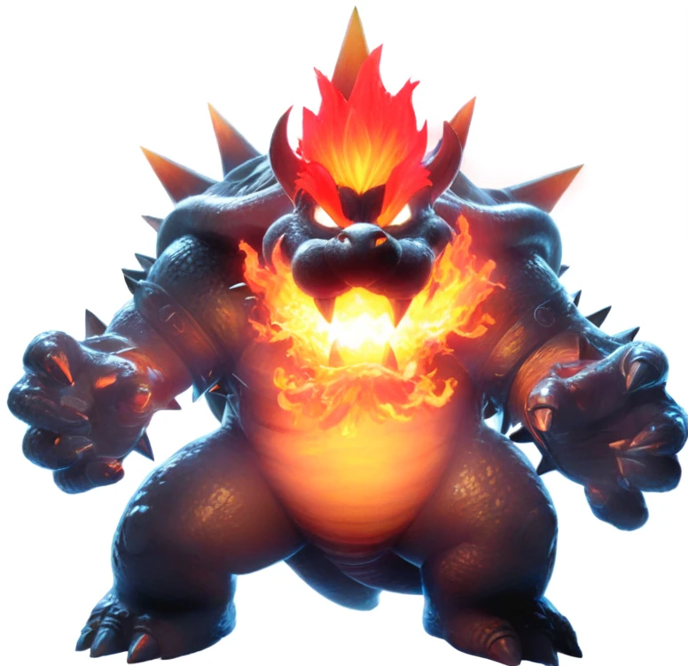 a close up of a cartoon character with a fire face, fire breathing. bowser, bowser, bowser nintendo, roshan, blazing infero, balrog, lava!!!, made of lava, glowing lava!!!, ruler of inferno, mario, final boss, koopa, menacing!!!, cacodemon, official artwork, intense smoldering, fire type