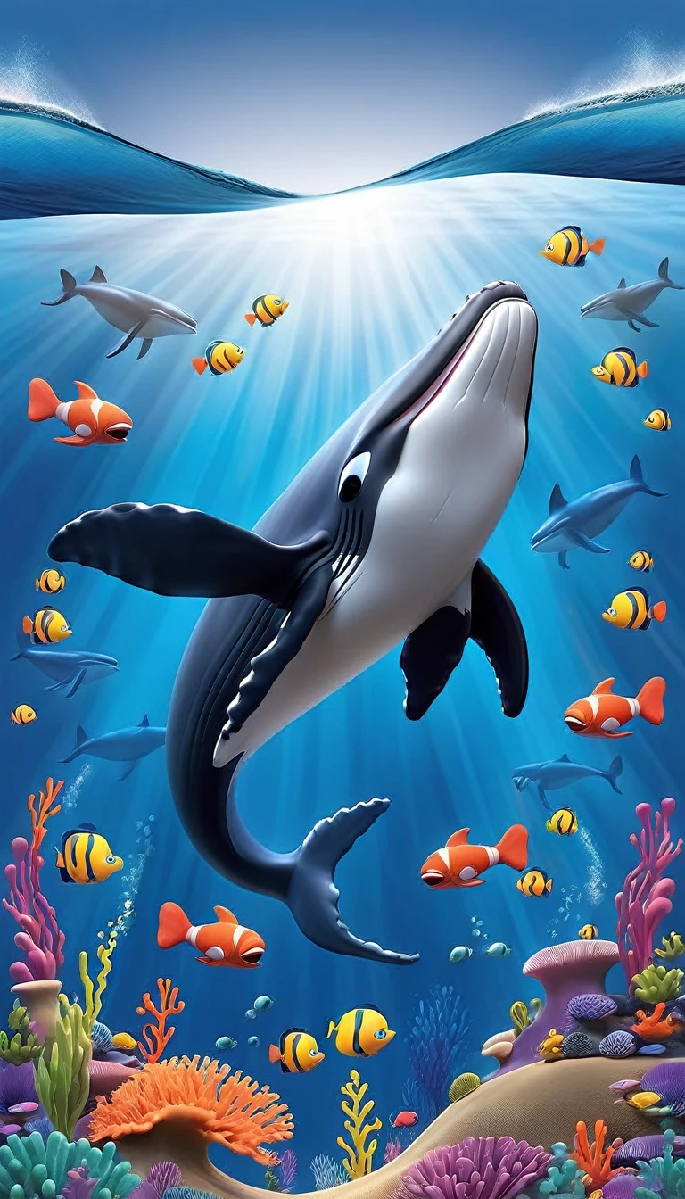 Create a 3-D Pixar style art scene for kids featuring a humpback whale singing with musical notes coming out of its blowhole. The scene should be colorful and vibrant, with an ocean background, coral reefs, and schools of fish. The text 'Whale songs can travel for miles!' should be prominently displayed. The overall mood should be lively and inviting for young children