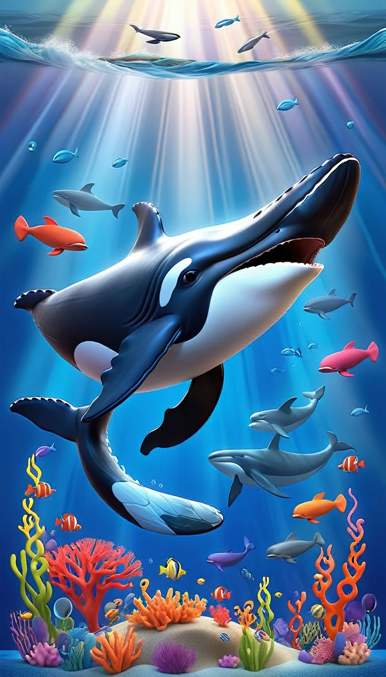 Create a 3-D Pixar style art scene for featuring a humpback whale singing with musical notes coming out of its blowhole. The scene should be colorful and vibrant, with an ocean background, coral reefs, and schools of fish. The text 'Whale songs can travel for miles!' should be prominently displayed. The overall mood should be lively and inviting for young children