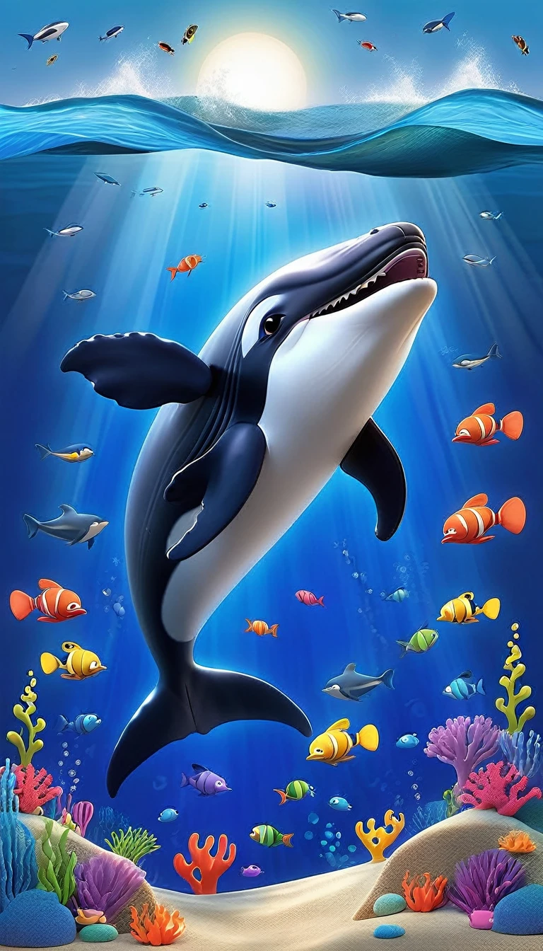 Create a 3-D Pixar style art scene for kids featuring a humpback whale singing with musical notes coming out of its blowhole. The scene should be colorful and vibrant, with an ocean background, coral reefs, and schools of fish. The text 'Whale songs can travel for miles!' should be prominently displayed. The overall mood should be lively and inviting for young children
