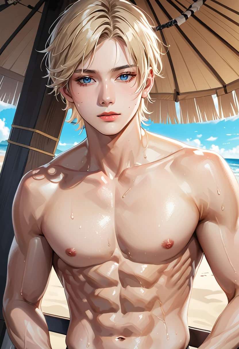 high quality, detailed, Realistic, (one japanese boy), (detailed blue eyes), (abs:1.5), (shiny skin), detailed nipples, blond hair, (black tiny thong), (erected bulge), summer beach, (smile:0.8), close up face, (sweat:1.4)