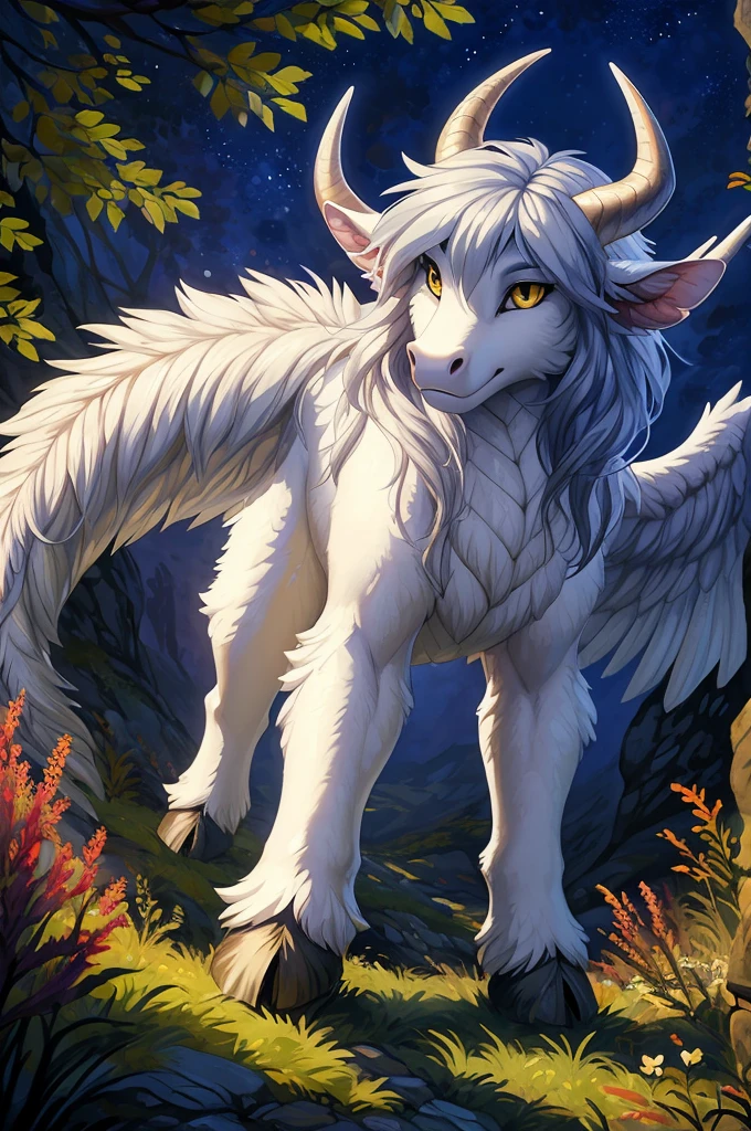 ultra-detailed, masterpiece, masterwork, high quality, best quality, hdr, (nature, night), posted on e621, (by hioshiru), nsfw, female, solo, (little white body minotaur), hairy dragon, (white body, littletits), (long silver hair, yellow eyes), standing, from below, dynamic angle