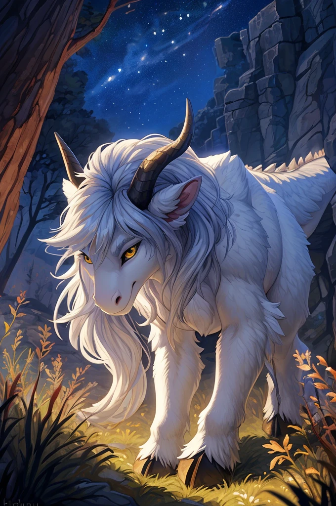 ultra-detailed, masterpiece, masterwork, high quality, best quality, hdr, (nature, night), posted on e621, (by hioshiru), nsfw, female, solo, (white body minotaur), hairy dragon, (little breasted, pubic hair), (long silver hair, yellow eyes), sitting, from below, dynamic angle